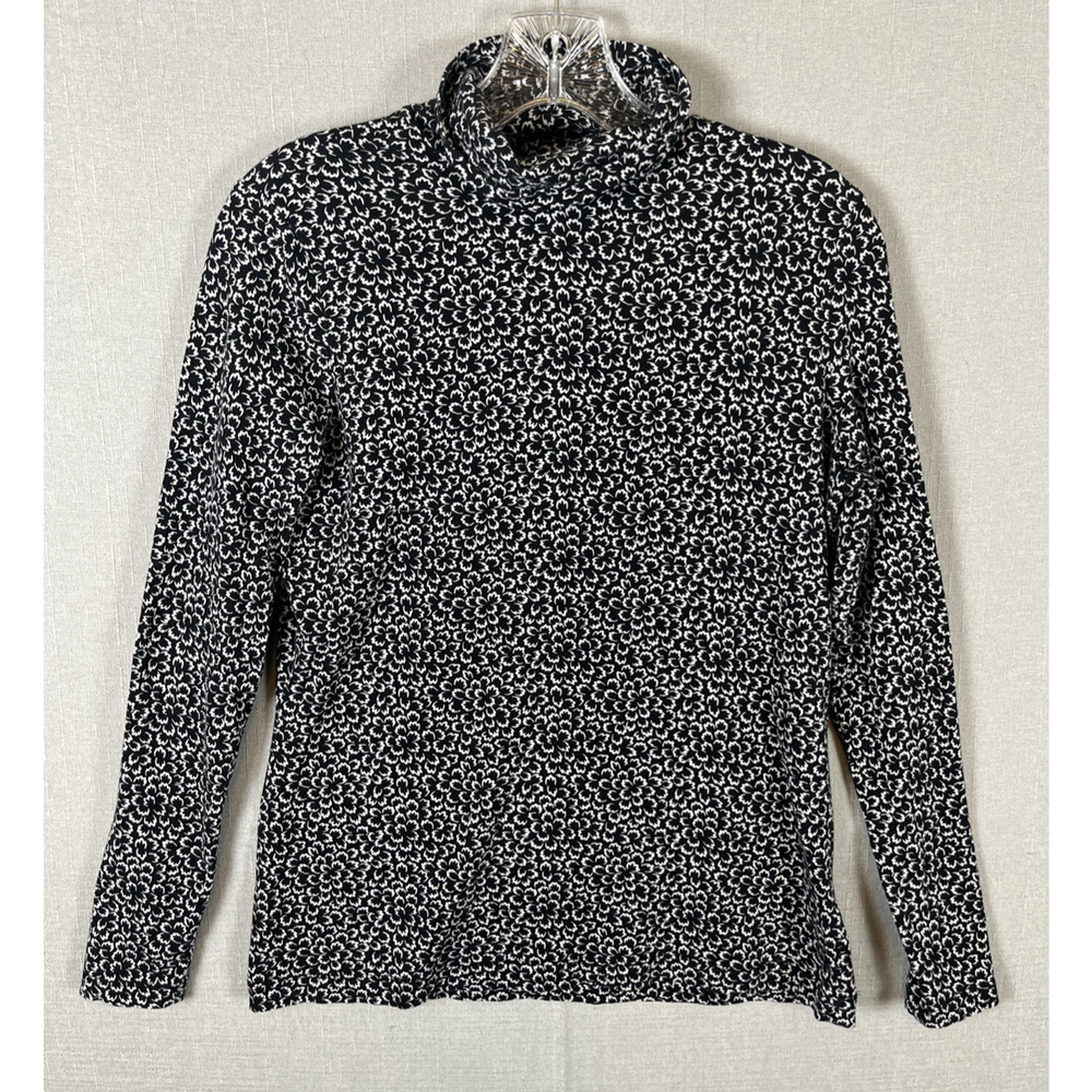 Lands End Womens Size M Petite Long Sleeve Turtleneck Top Black White Floral EUC